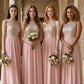 Pink A Line Round Neck Long Bridesmaid Dress with Appliques