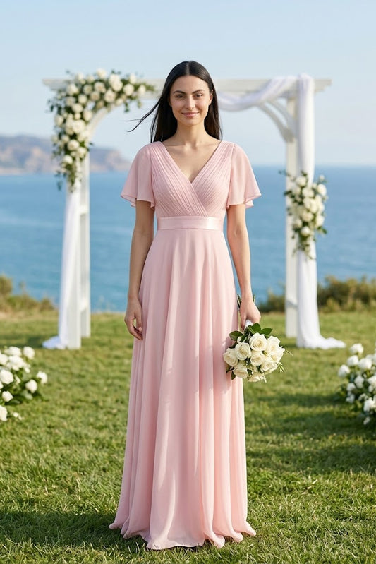 Pink A Line V-Neck Short Sleeves Long Chiffon Bridesmaid Dress