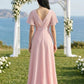 Pink A Line V-Neck Short Sleeves Long Chiffon Bridesmaid Dress