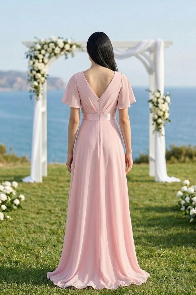 Pink A Line V-Neck Short Sleeves Long Chiffon Bridesmaid Dress