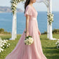 Pink A Line V-Neck Short Sleeves Long Chiffon Bridesmaid Dress