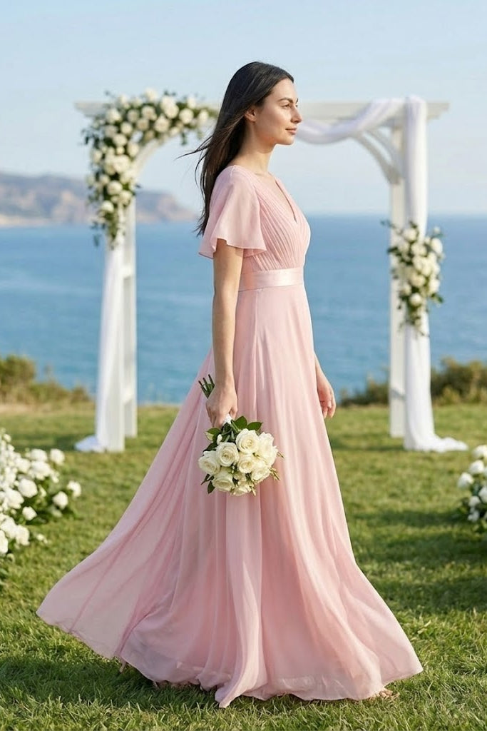 Pink A Line V-Neck Short Sleeves Long Chiffon Bridesmaid Dress