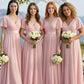 Pink A Line V-Neck Short Sleeves Long Chiffon Bridesmaid Dress
