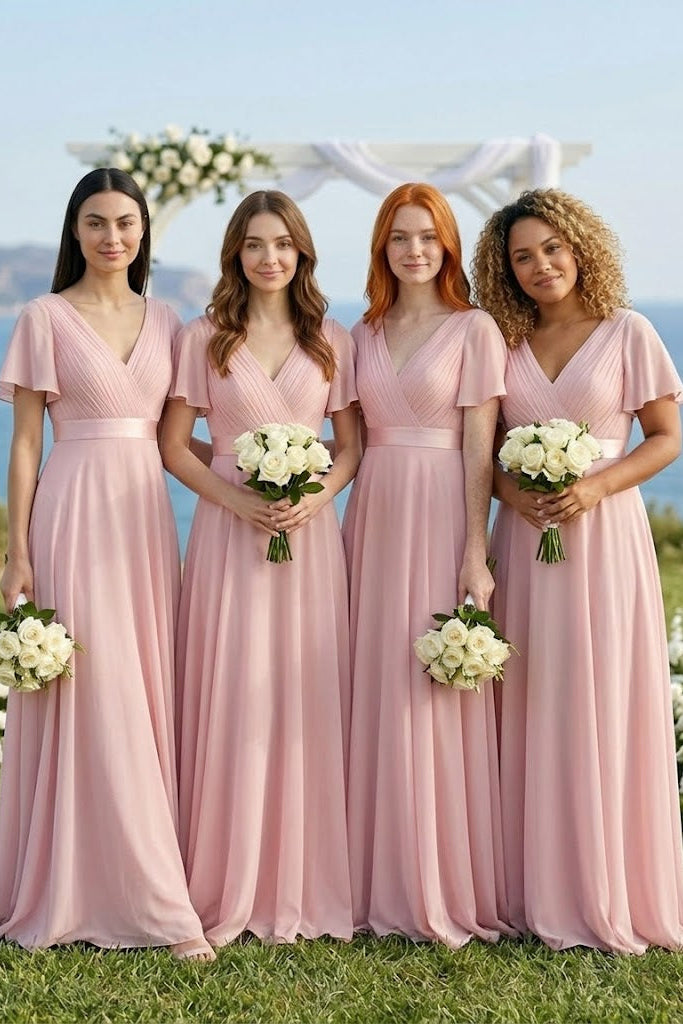 Pink A Line V-Neck Short Sleeves Long Chiffon Bridesmaid Dress