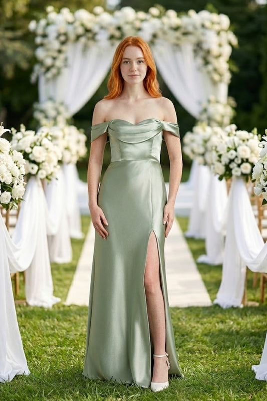 Sage A Line Off the Shoulder Long Stain Bridesmaid Dress with Slit