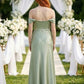 Sage A Line Off the Shoulder Long Stain Bridesmaid Dress with Slit