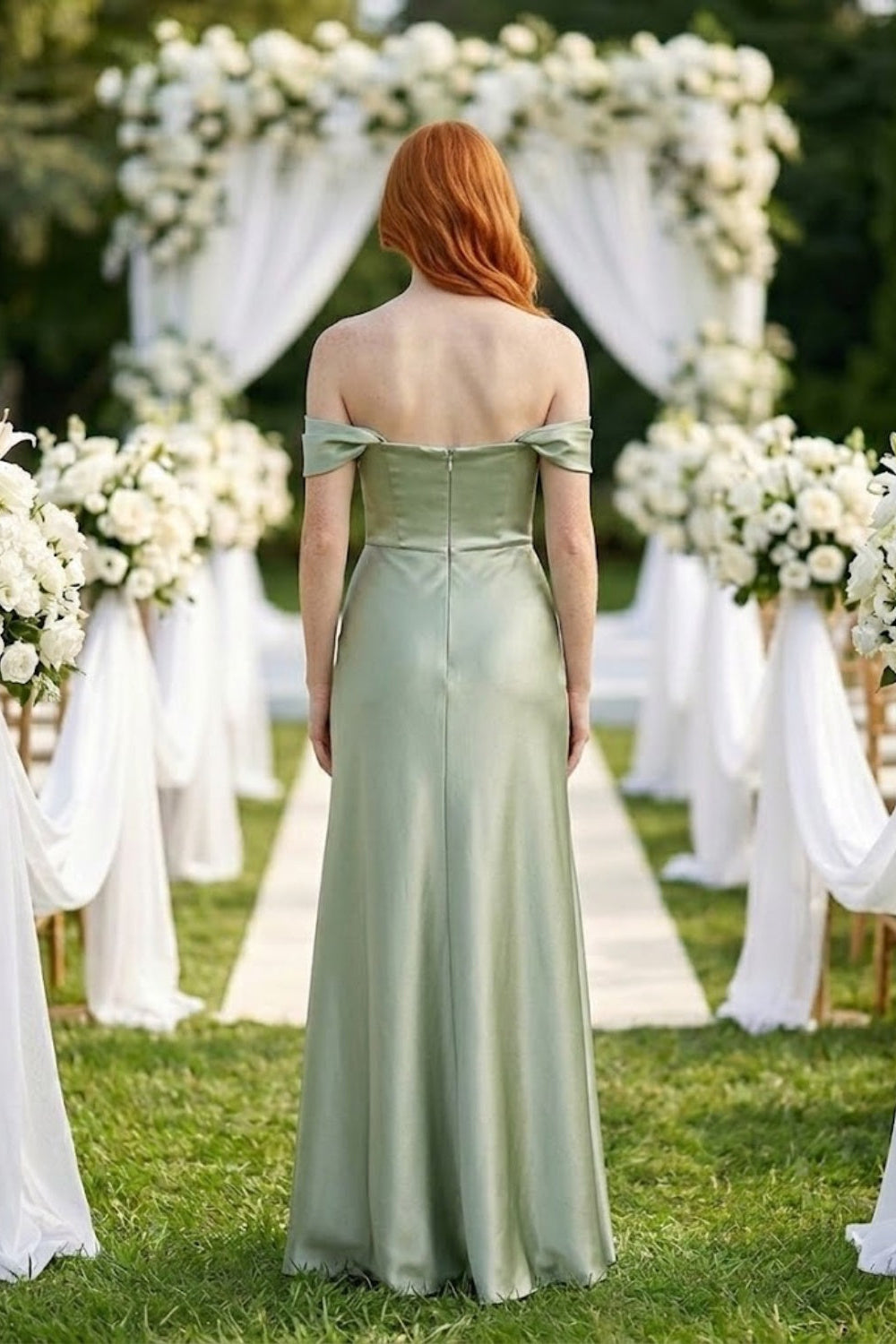 Sage A Line Off the Shoulder Long Stain Bridesmaid Dress with Slit