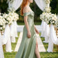 Sage A Line Off the Shoulder Long Stain Bridesmaid Dress with Slit