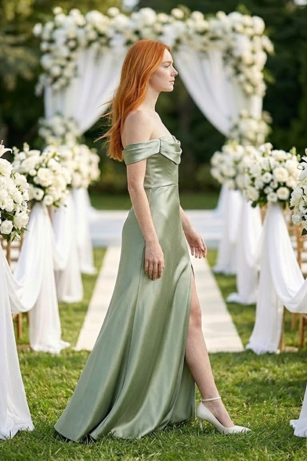 Sage A Line Off the Shoulder Long Stain Bridesmaid Dress with Slit