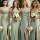 Sage A Line Off the Shoulder Long Stain Bridesmaid Dress with Slit