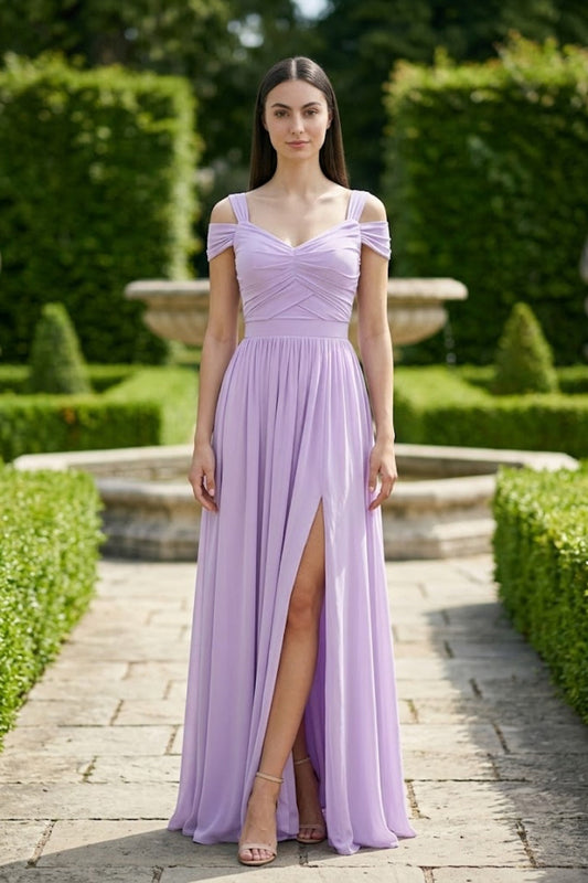 Lavender A Line Cold Shoulder Long Bridesmaid Dress with Slit