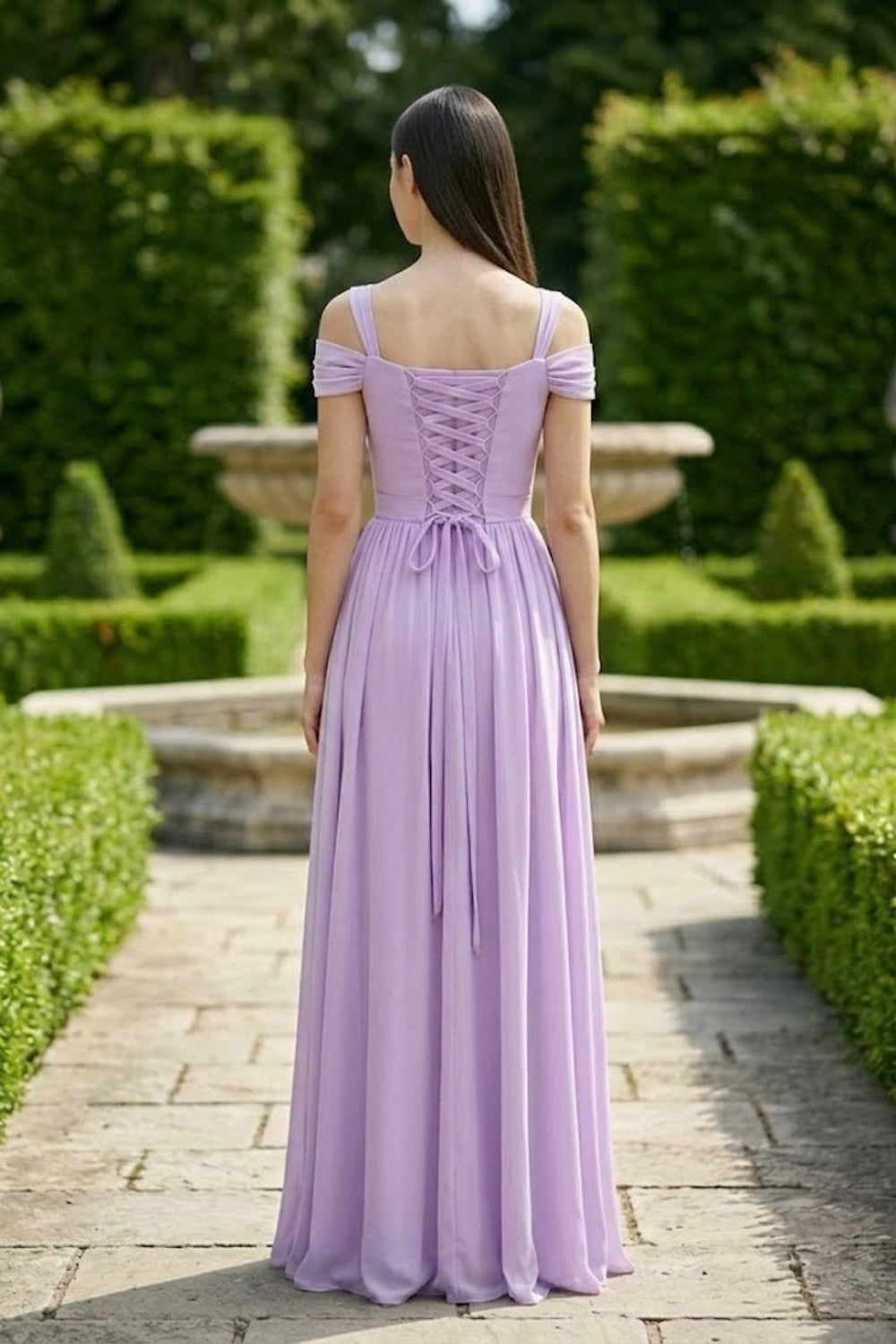Lavender A Line Cold Shoulder Long Bridesmaid Dress with Slit