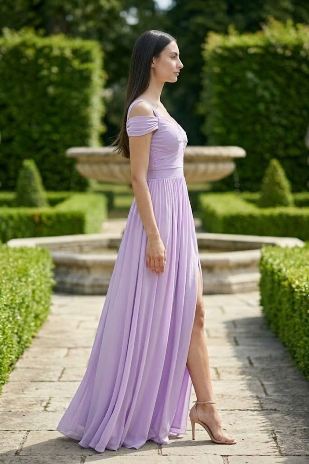 Lavender A Line Cold Shoulder Long Bridesmaid Dress with Slit