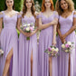 Lavender A Line Cold Shoulder Long Bridesmaid Dress with Slit