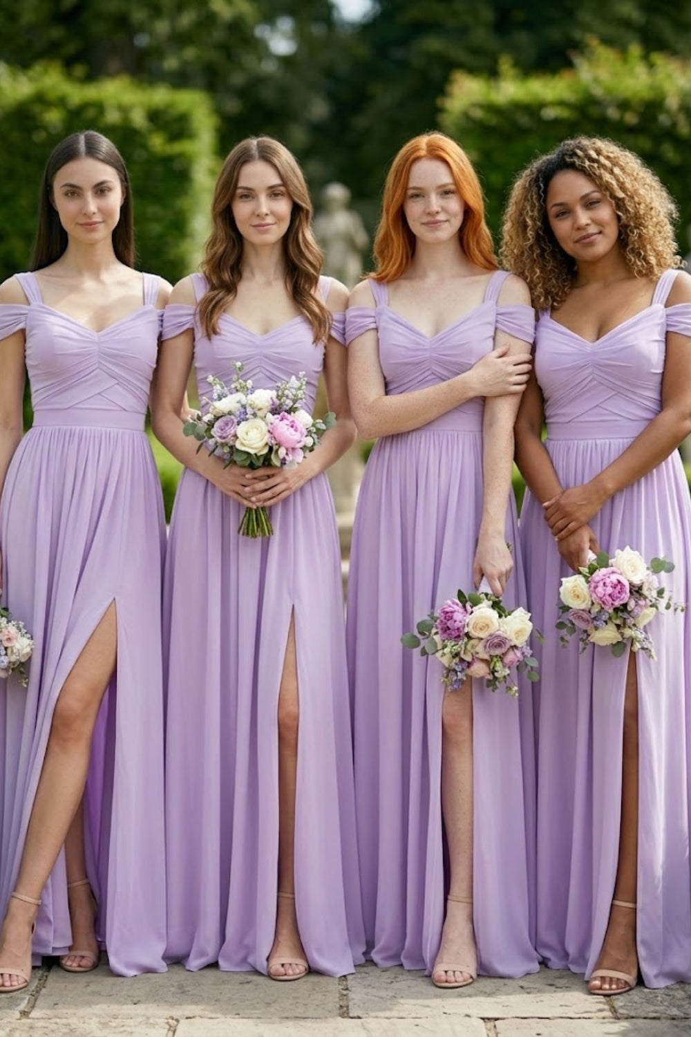 Lavender A Line Cold Shoulder Long Bridesmaid Dress with Slit