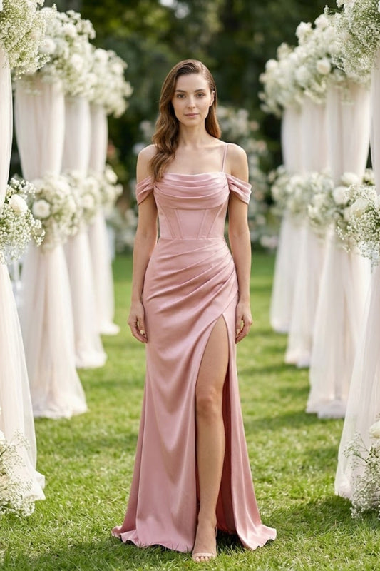 Dusty Pink Sheath Cold Shoulder Long Bridesmaid Dress with Slit