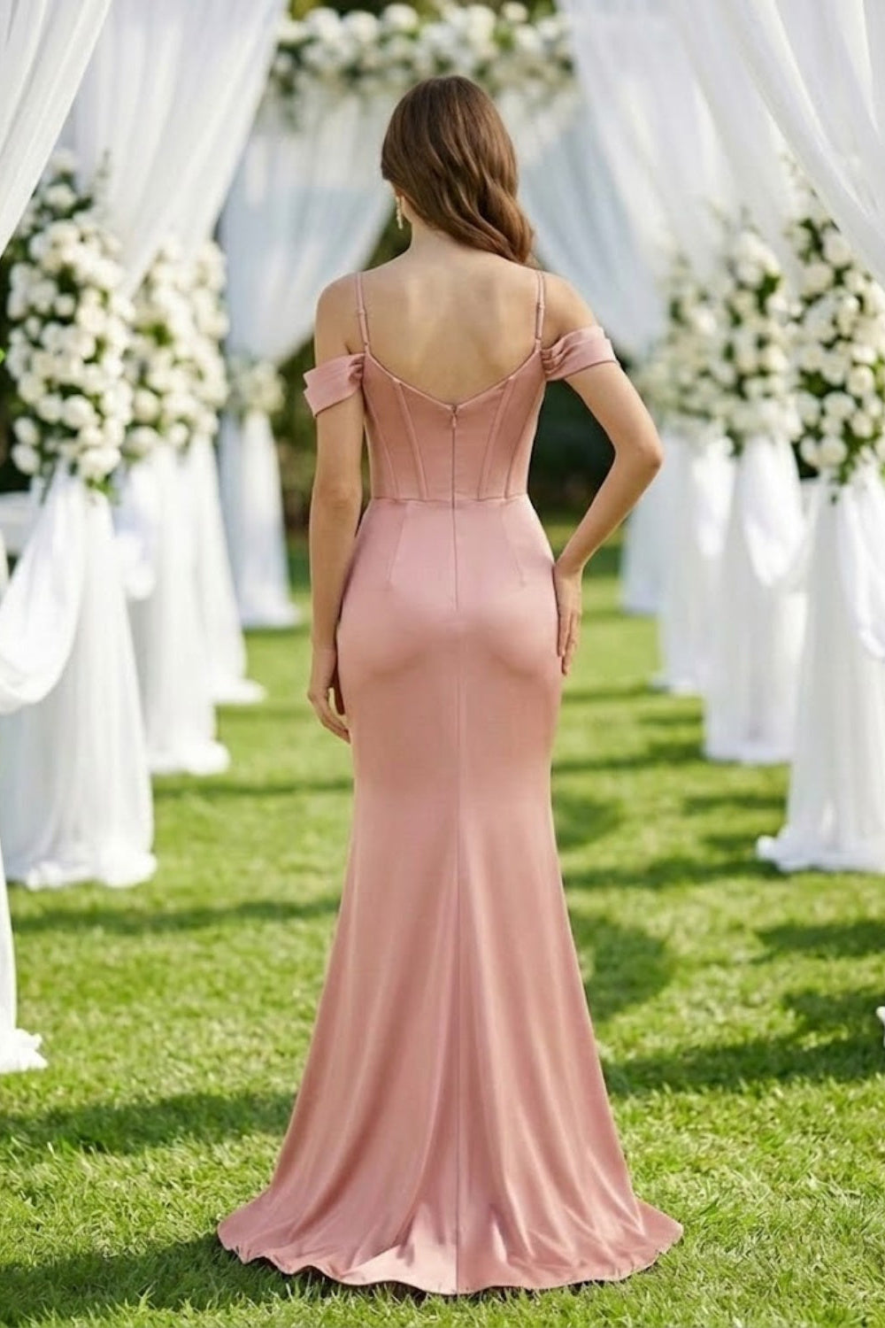 Dusty Pink Sheath Cold Shoulder Long Bridesmaid Dress with Slit