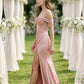 Dusty Pink Sheath Cold Shoulder Long Bridesmaid Dress with Slit