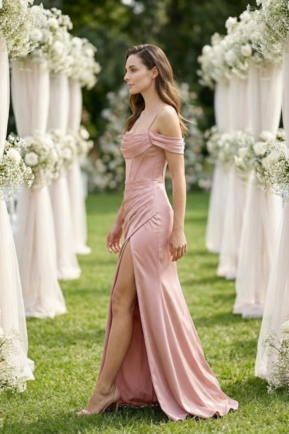 Dusty Pink Sheath Cold Shoulder Long Bridesmaid Dress with Slit