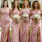 Dusty Pink Sheath Cold Shoulder Long Bridesmaid Dress with Slit