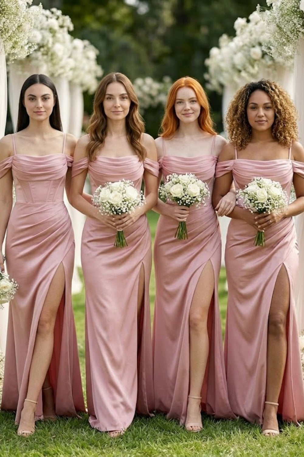 Dusty Pink Sheath Cold Shoulder Long Bridesmaid Dress with Slit