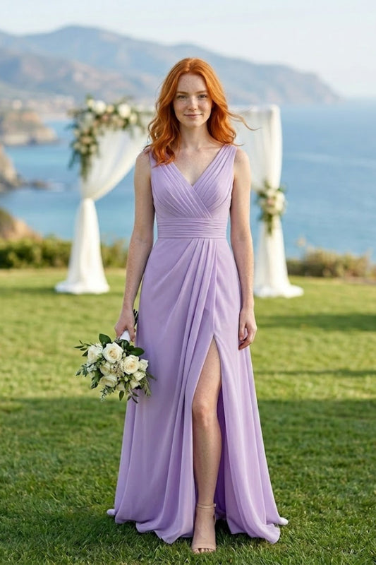 Lavender A Line V-Neck Long Chiffon Bridesmaid Dress with Slit