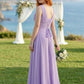 Lavender A Line V-Neck Long Chiffon Bridesmaid Dress with Slit