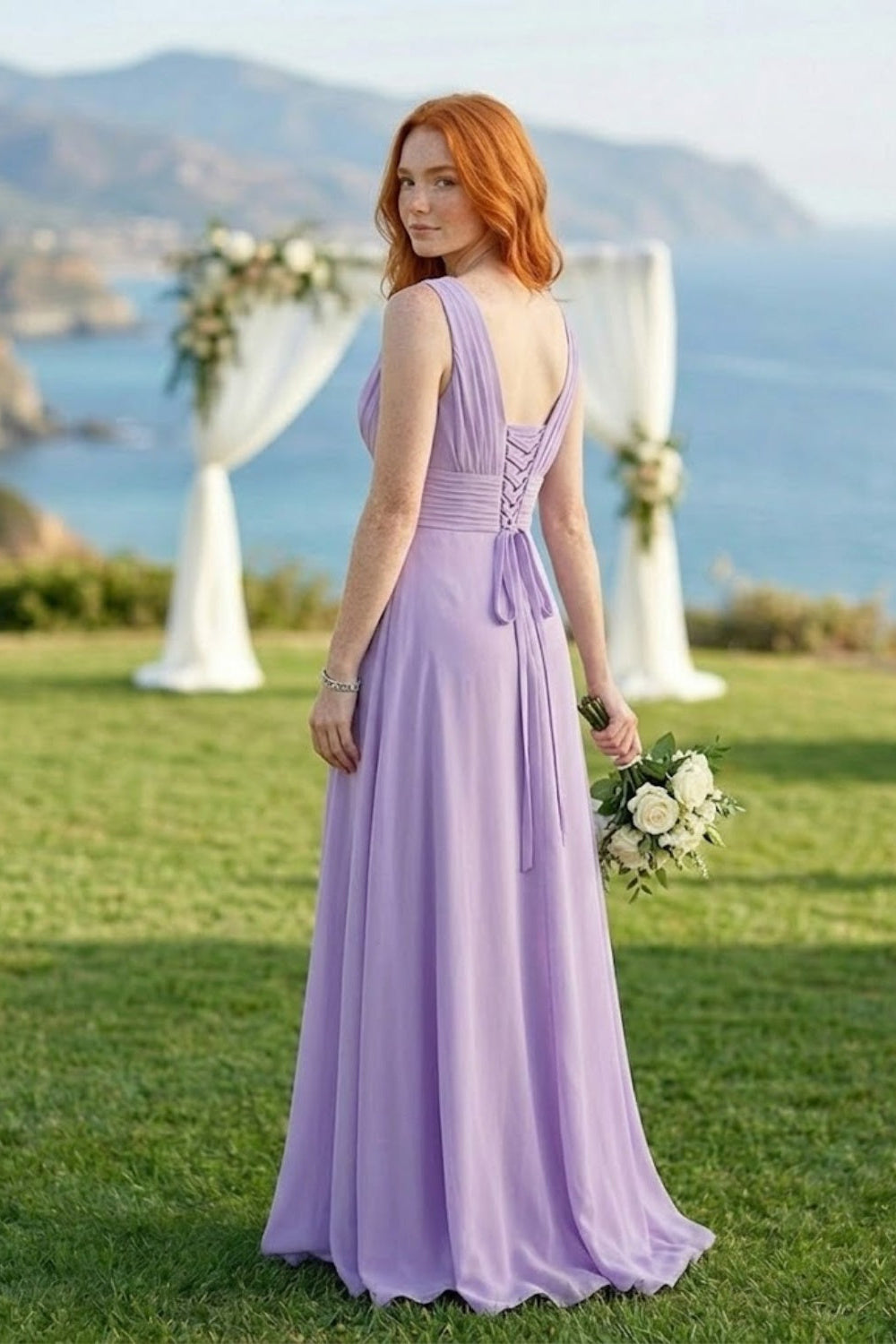 Lavender A Line V-Neck Long Chiffon Bridesmaid Dress with Slit