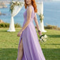Lavender A Line V-Neck Long Chiffon Bridesmaid Dress with Slit