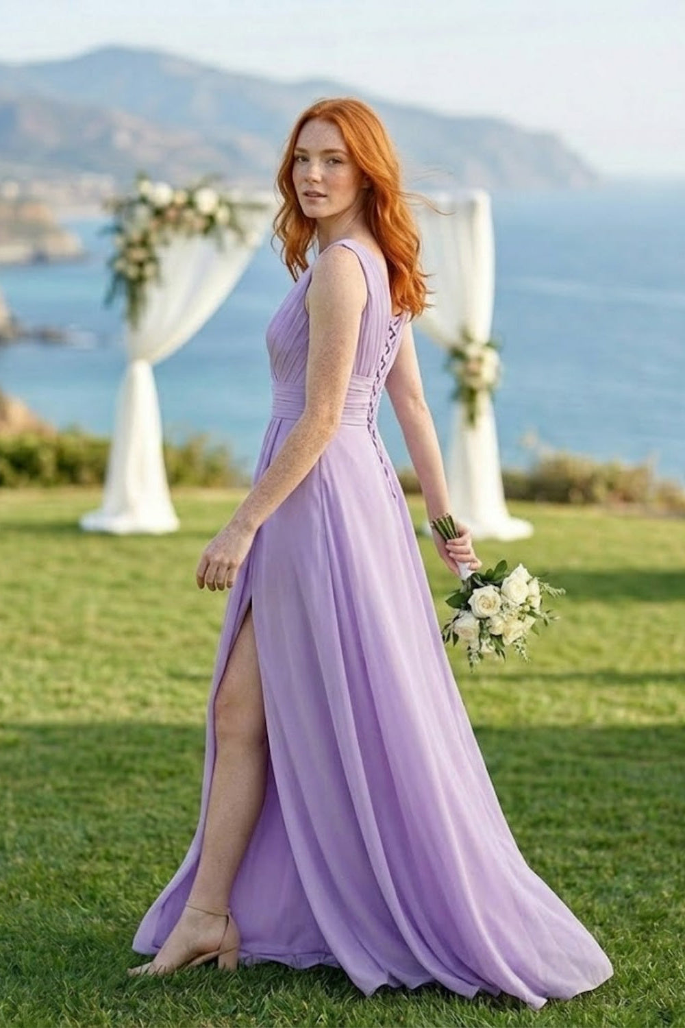 Lavender A Line V-Neck Long Chiffon Bridesmaid Dress with Slit