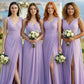 Lavender A Line V-Neck Long Chiffon Bridesmaid Dress with Slit