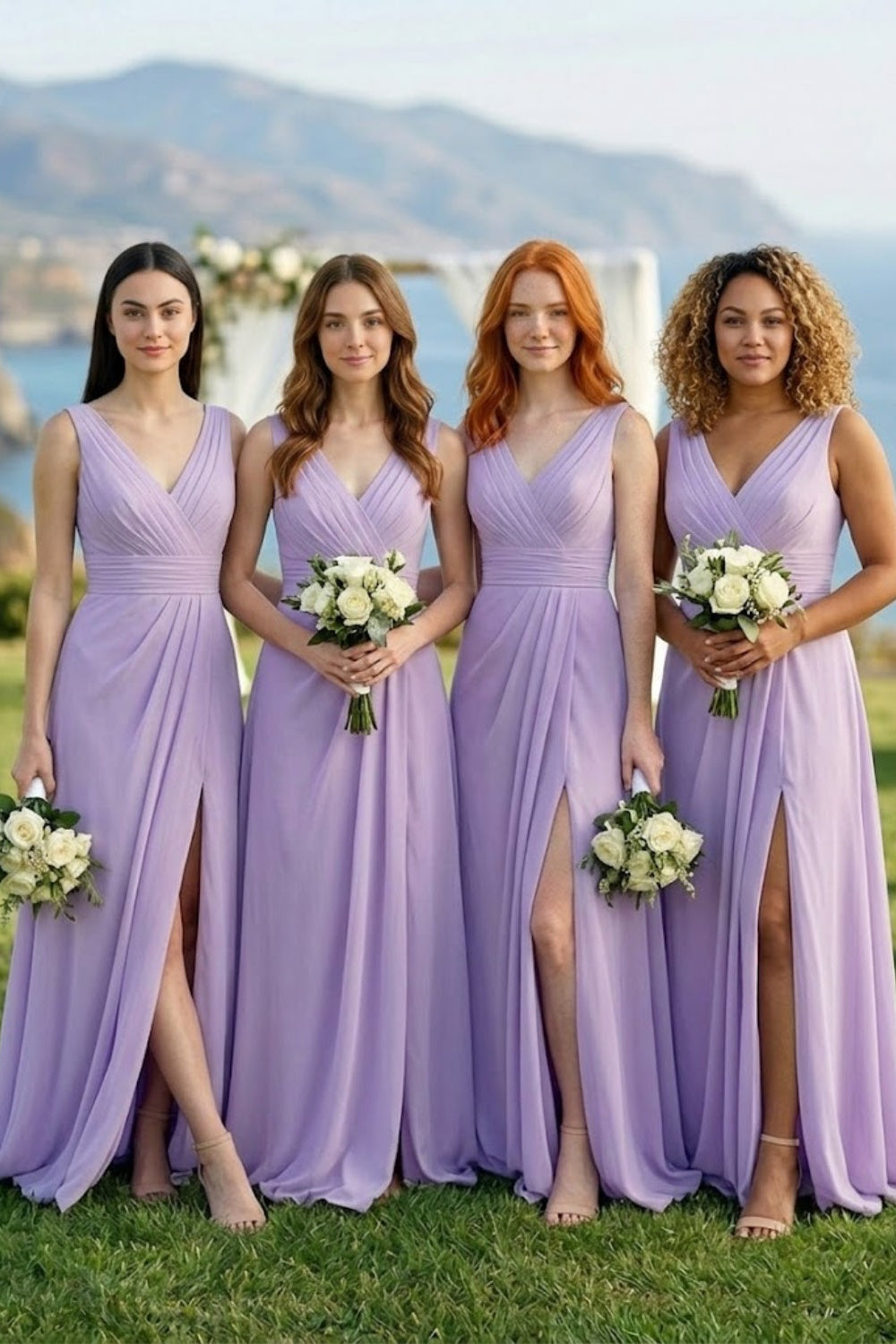 Lavender A Line V-Neck Long Chiffon Bridesmaid Dress with Slit