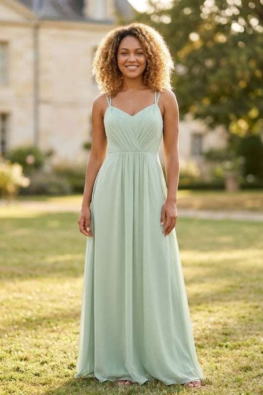 Sage A Line Spaghetti Straps Long Chiffon Bridesmaid Dress