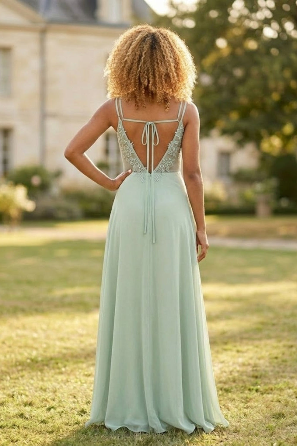 Sage A Line Spaghetti Straps Long Chiffon Bridesmaid Dress