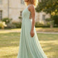 Sage A Line Spaghetti Straps Long Chiffon Bridesmaid Dress