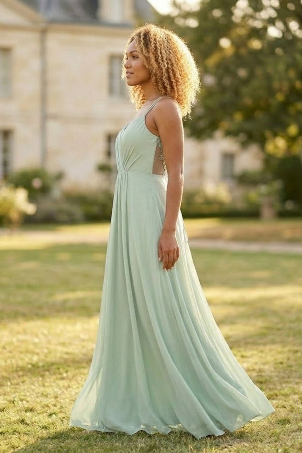 Sage A Line Spaghetti Straps Long Chiffon Bridesmaid Dress