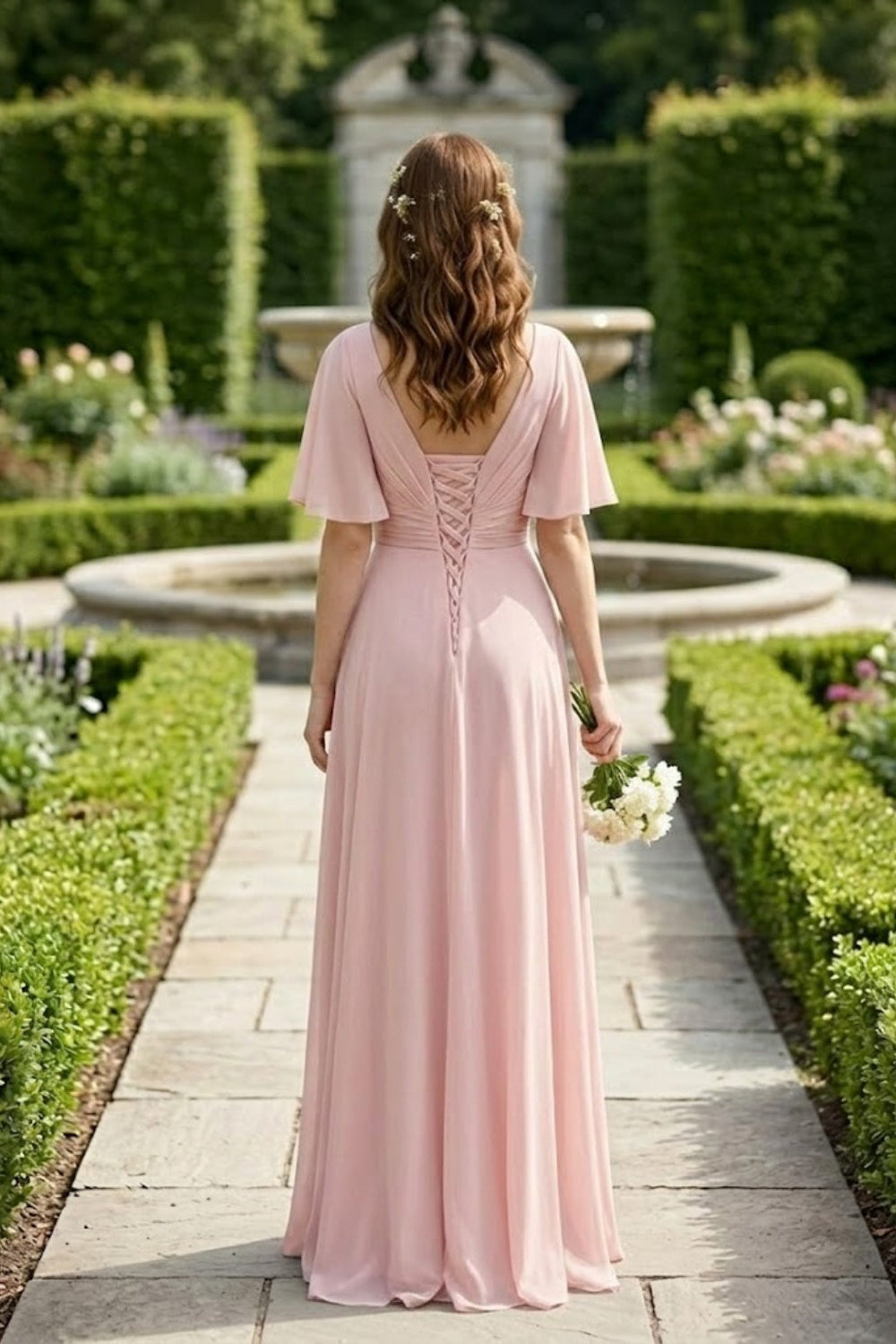 Blush Pink A Line V-Neck Long Chiffon Bridesmaid Dress