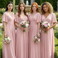 Blush Pink A Line V-Neck Long Chiffon Bridesmaid Dress
