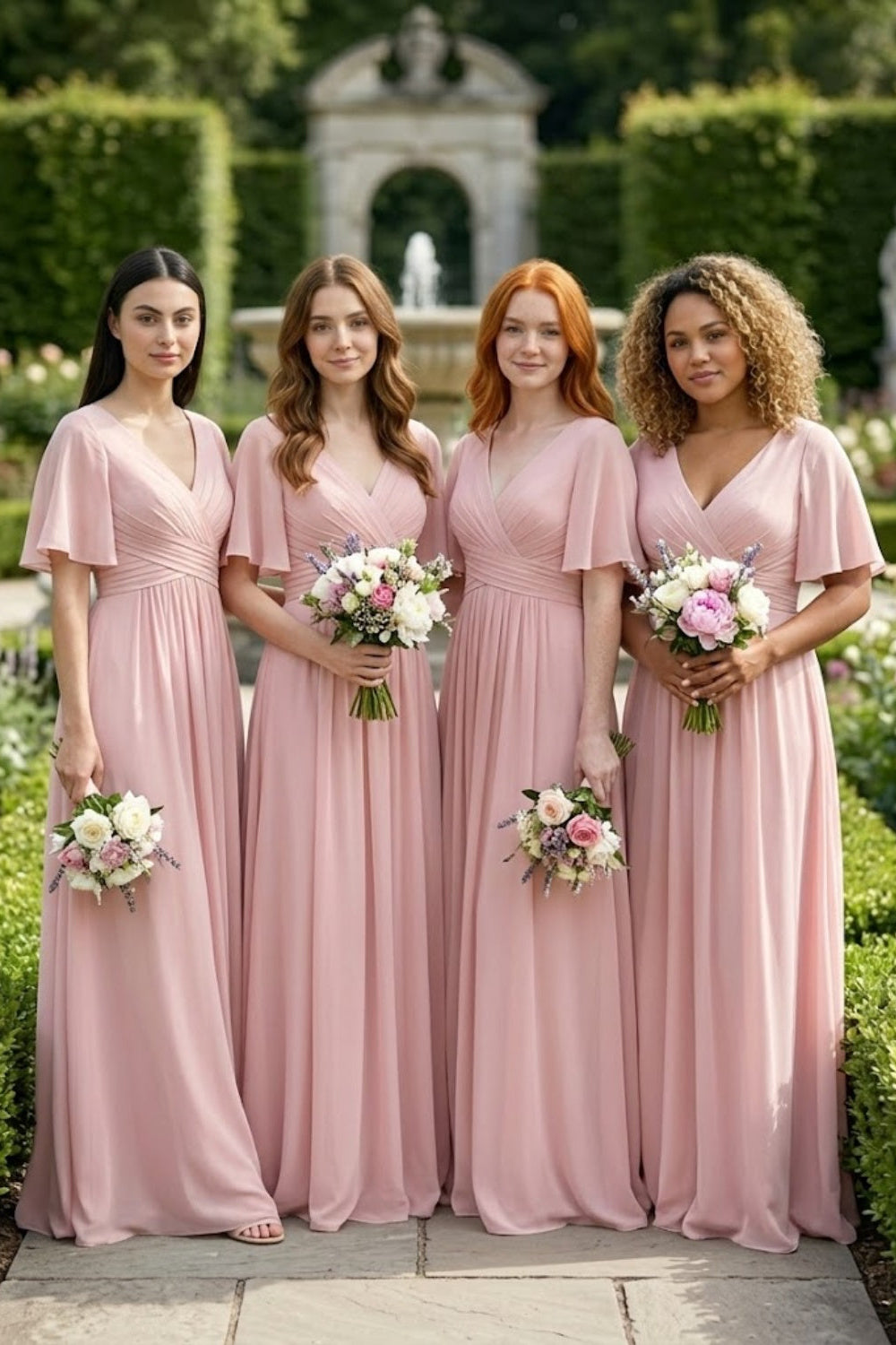 Blush Pink A Line V-Neck Long Chiffon Bridesmaid Dress