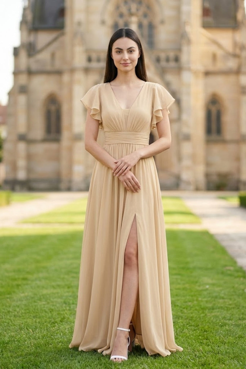 Champagne A Line V-Neck Long Chiffon Bridesmaid Dress with Slit