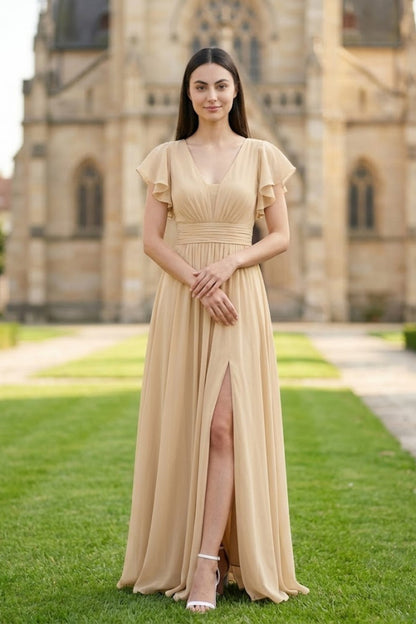 Champagne A Line V-Neck Long Chiffon Bridesmaid Dress with Slit