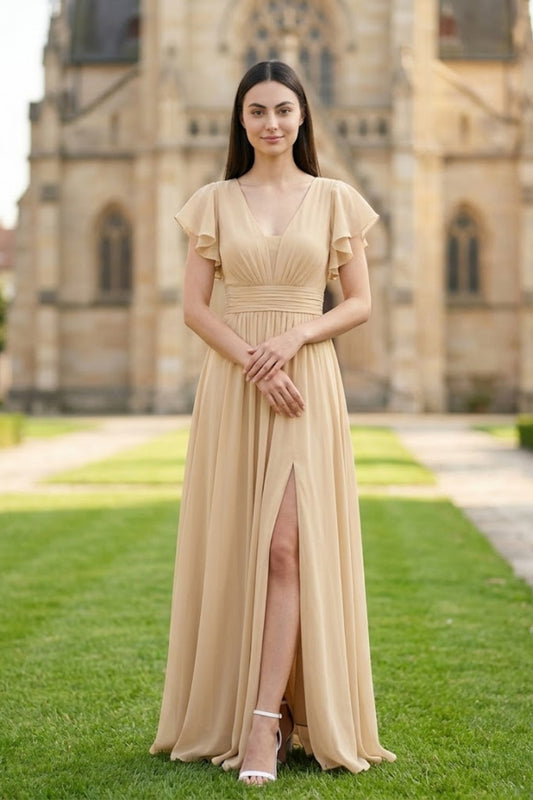 Champagne A Line V-Neck Long Chiffon Bridesmaid Dress with Slit
