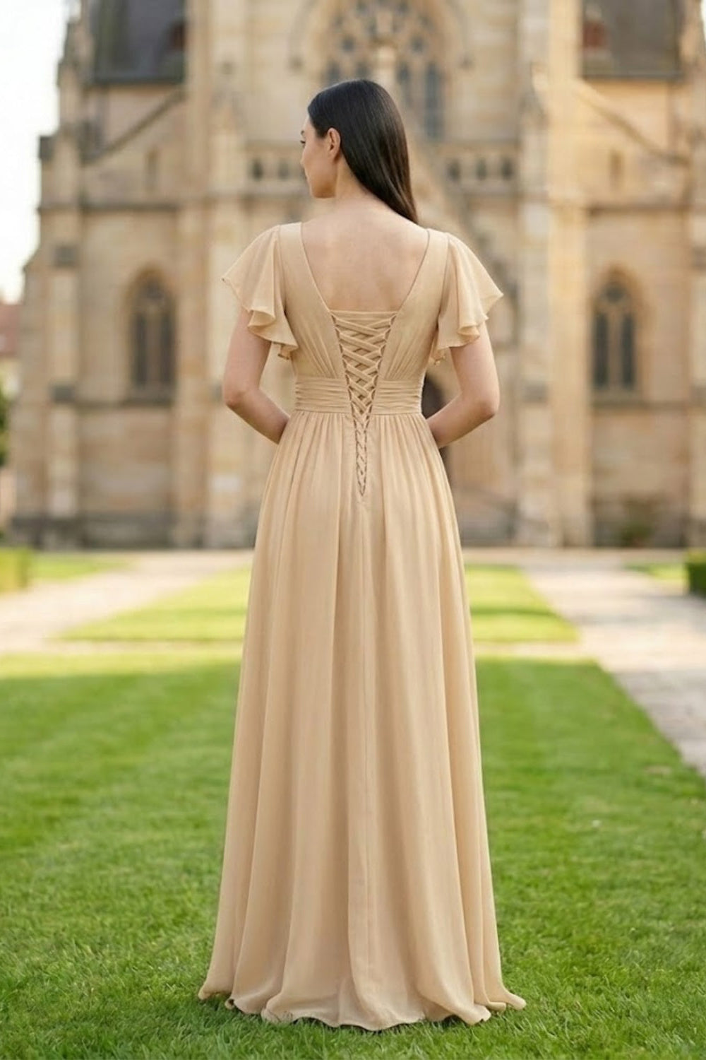 Champagne A Line V-Neck Long Chiffon Bridesmaid Dress with Slit