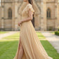 Champagne A Line V-Neck Long Chiffon Bridesmaid Dress with Slit