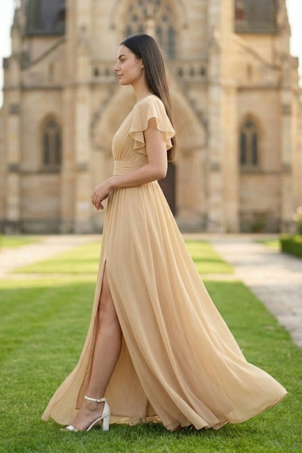Champagne A Line V-Neck Long Chiffon Bridesmaid Dress with Slit