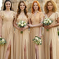 Champagne A Line V-Neck Long Chiffon Bridesmaid Dress with Slit