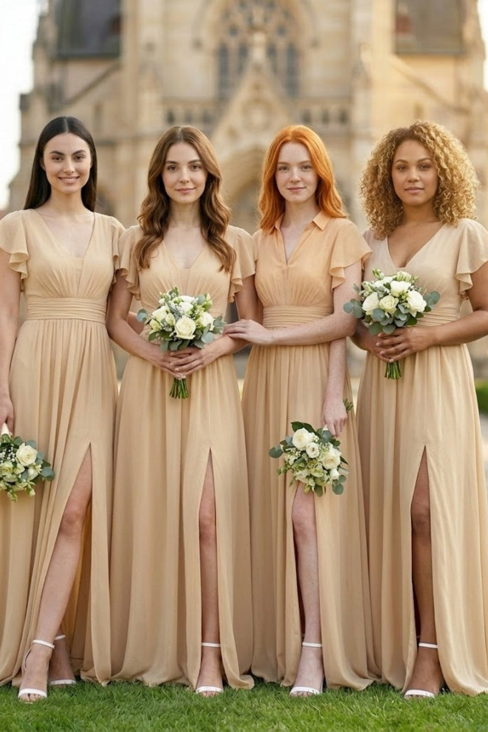 Champagne A Line V-Neck Long Chiffon Bridesmaid Dress with Slit