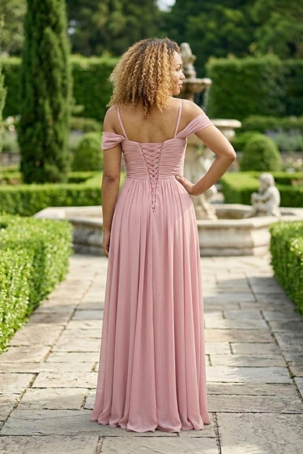 Blush Pink A Line Cold Shoulder Long Chiffon Bridesmaid Dress