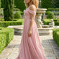 Blush Pink A Line Cold Shoulder Long Chiffon Bridesmaid Dress