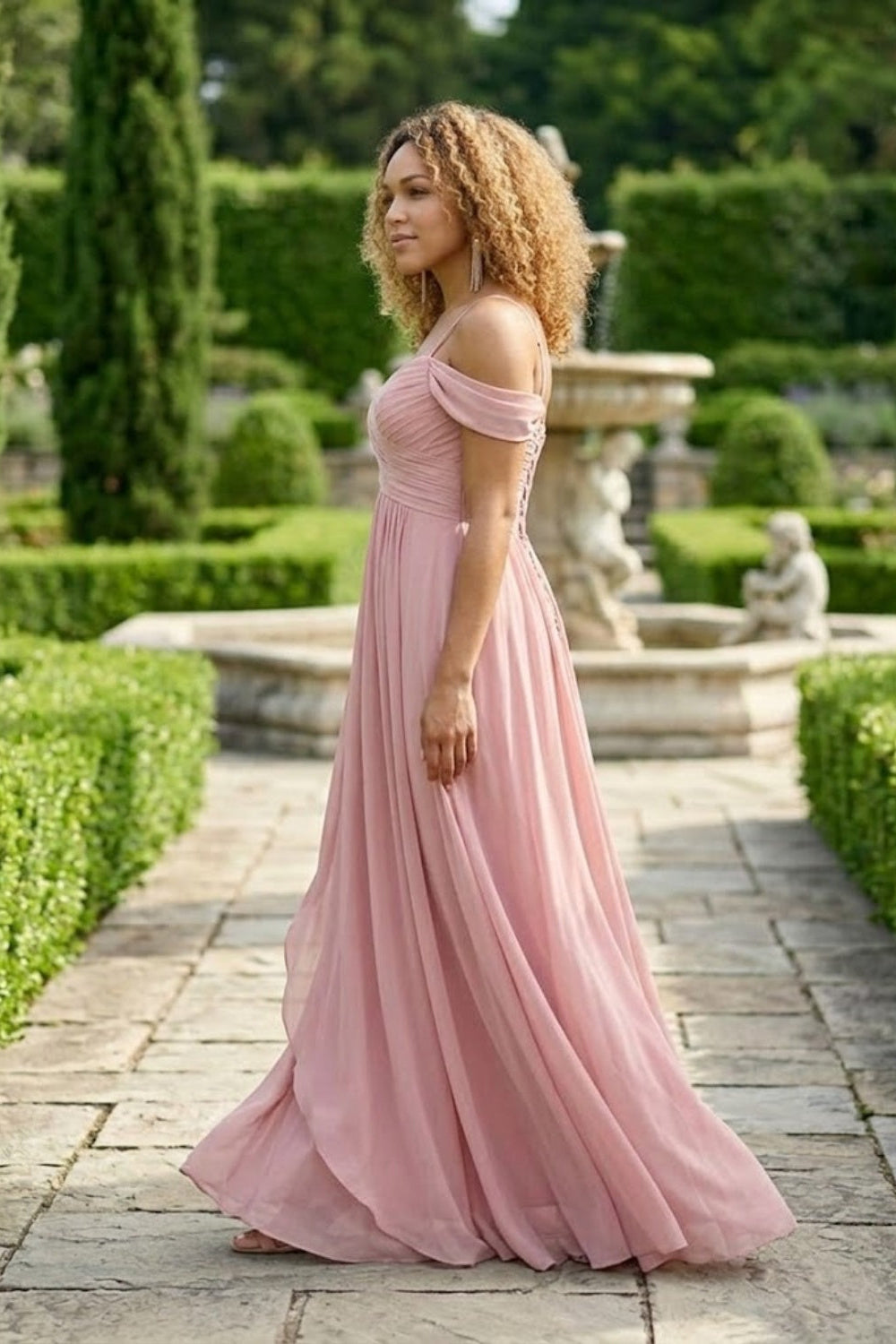 Blush Pink A Line Cold Shoulder Long Chiffon Bridesmaid Dress